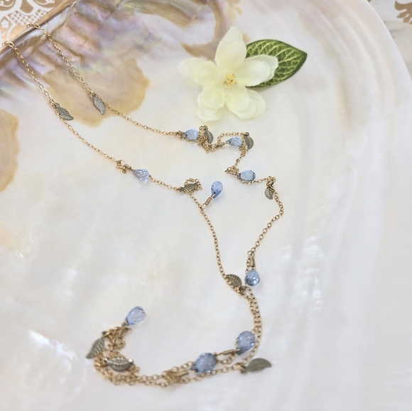 Sky Blue quartz circle 18k gold filled rondelle chain bohemian leaf necklace - Picture 3 of 5